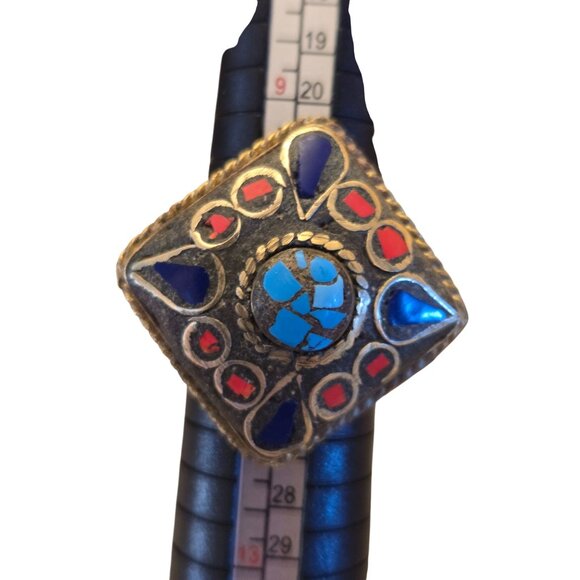 Vintage Turquoise Chip Inlay Statement Ring Mosaic Blue Red Adjustable Brass - Picture 4 of 4